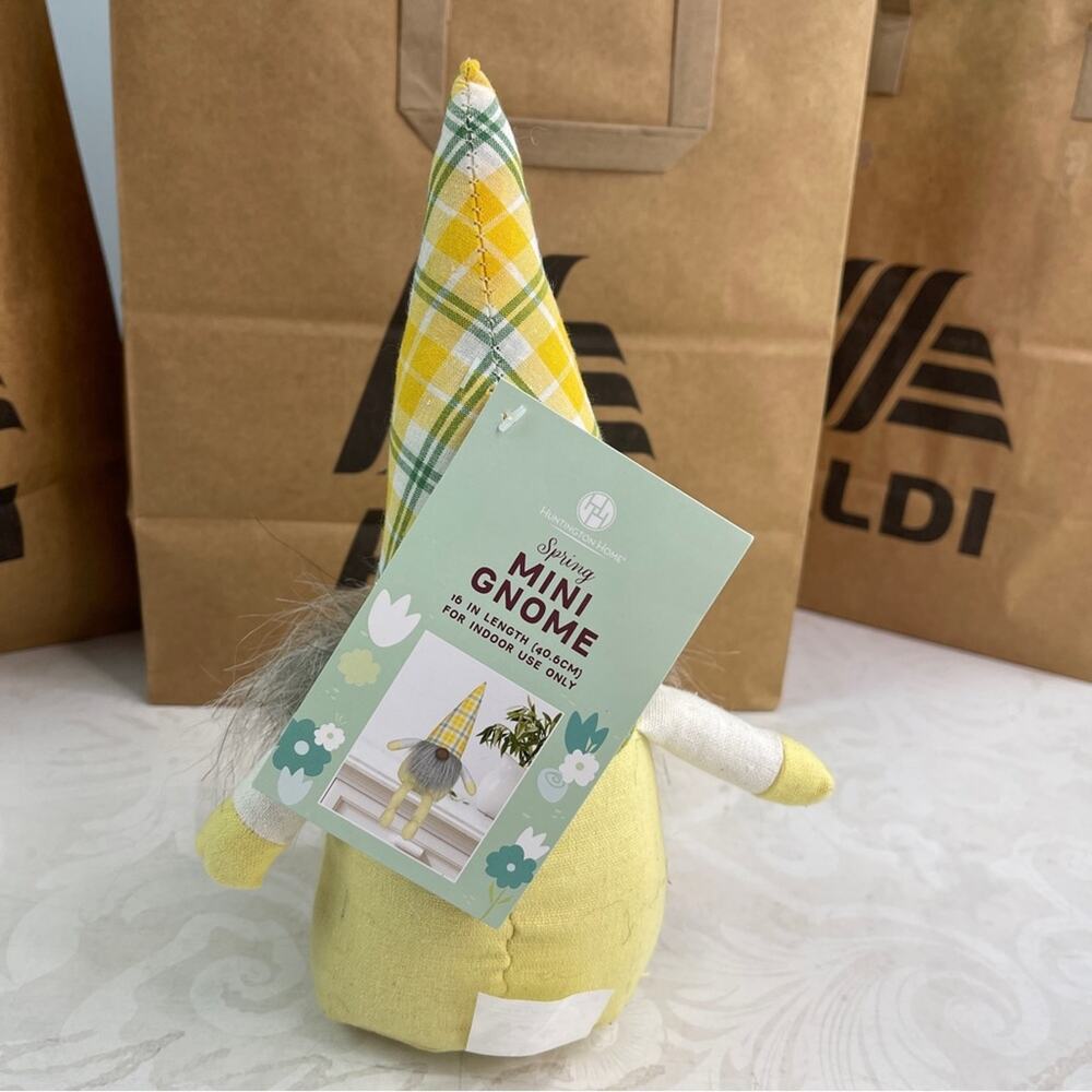 Aldi Huntington Home Spring Mini Gnome 16" Yellow Plaid Stripes NWT - Picture 6 of 9